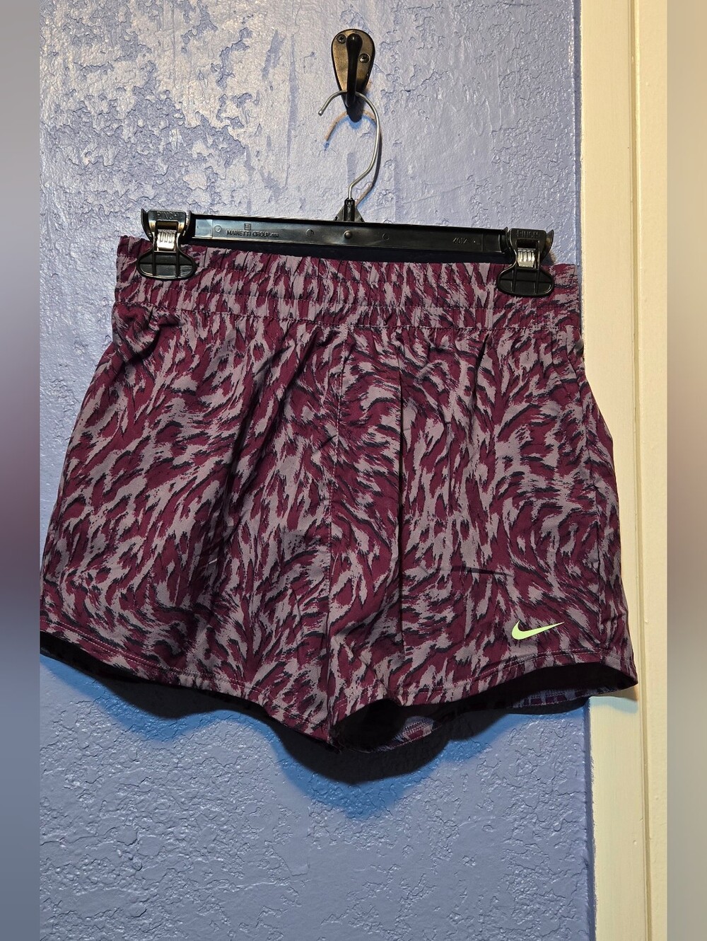 Nike Women’s Maroon Patterned Athletic Shorts with Neon Swoosh Size L